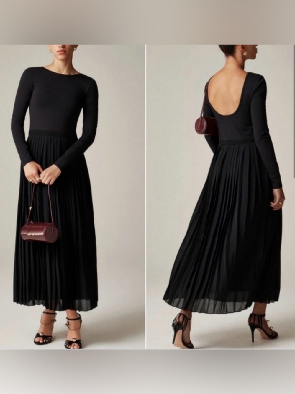 J. Crew Black Long-Sleeve Pleated Maxi Dress